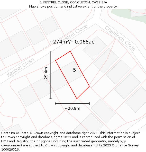 5, KESTREL CLOSE, CONGLETON, CW12 3FA: Plot and title map