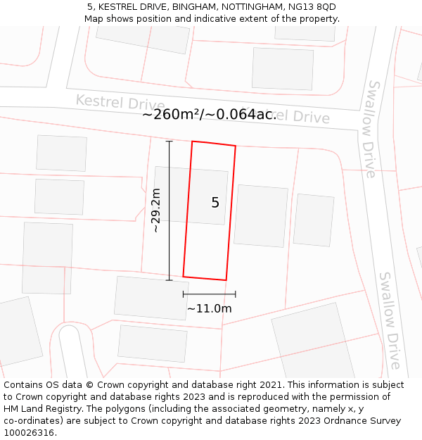 5, KESTREL DRIVE, BINGHAM, NOTTINGHAM, NG13 8QD: Plot and title map