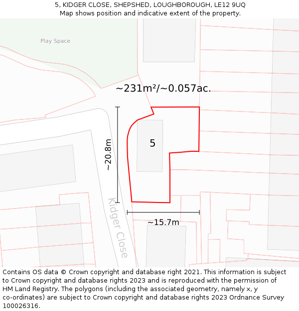 5, KIDGER CLOSE, SHEPSHED, LOUGHBOROUGH, LE12 9UQ: Plot and title map