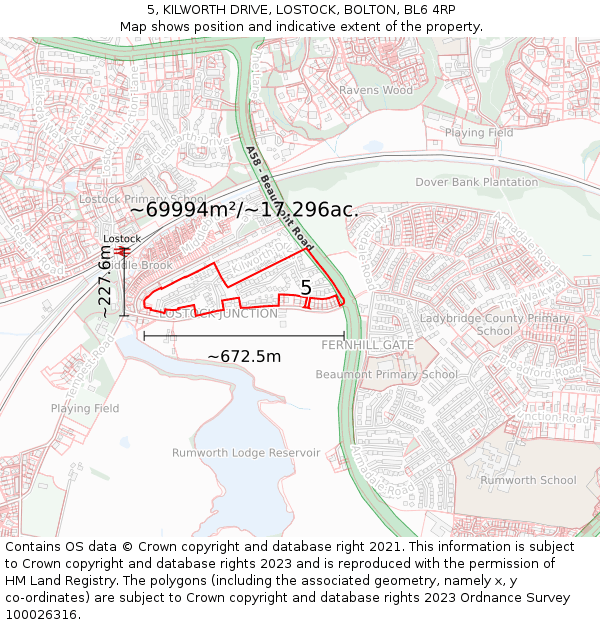 5, KILWORTH DRIVE, LOSTOCK, BOLTON, BL6 4RP: Plot and title map