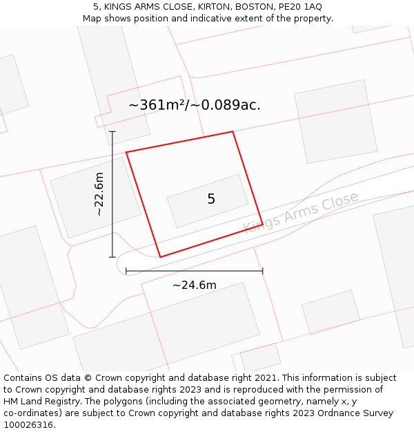 5, KINGS ARMS CLOSE, KIRTON, BOSTON, PE20 1AQ: Plot and title map