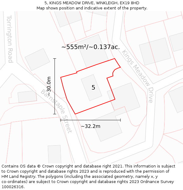 5, KINGS MEADOW DRIVE, WINKLEIGH, EX19 8HD: Plot and title map