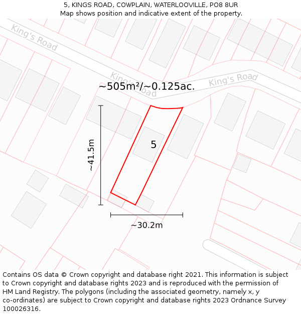 5, KINGS ROAD, COWPLAIN, WATERLOOVILLE, PO8 8UR: Plot and title map