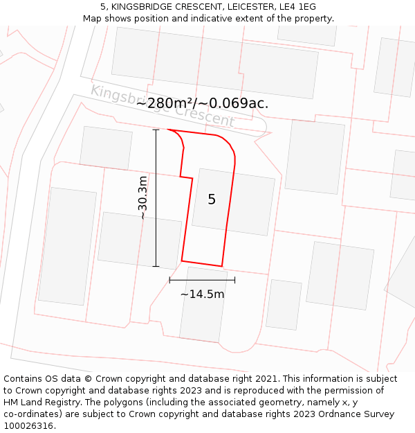 5, KINGSBRIDGE CRESCENT, LEICESTER, LE4 1EG: Plot and title map