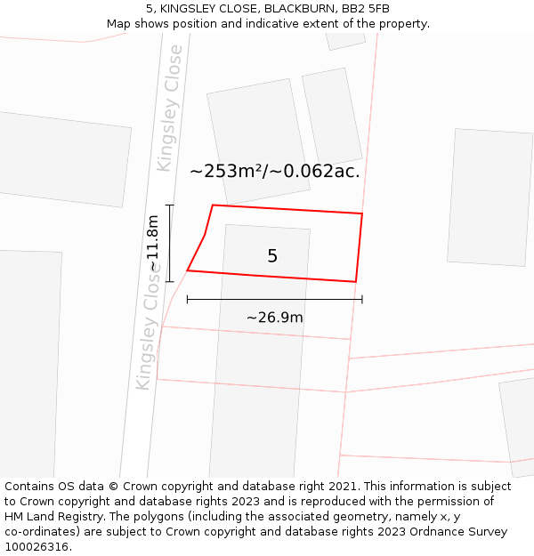 5, KINGSLEY CLOSE, BLACKBURN, BB2 5FB: Plot and title map