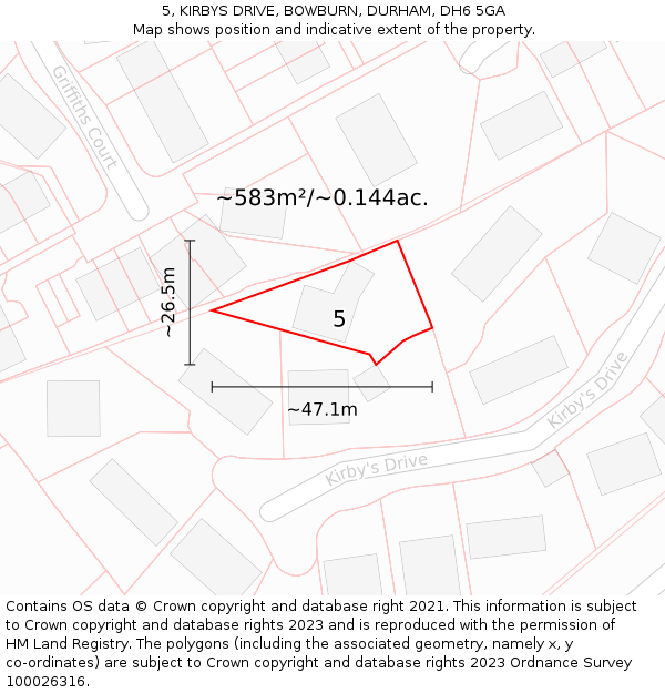 5, KIRBYS DRIVE, BOWBURN, DURHAM, DH6 5GA: Plot and title map