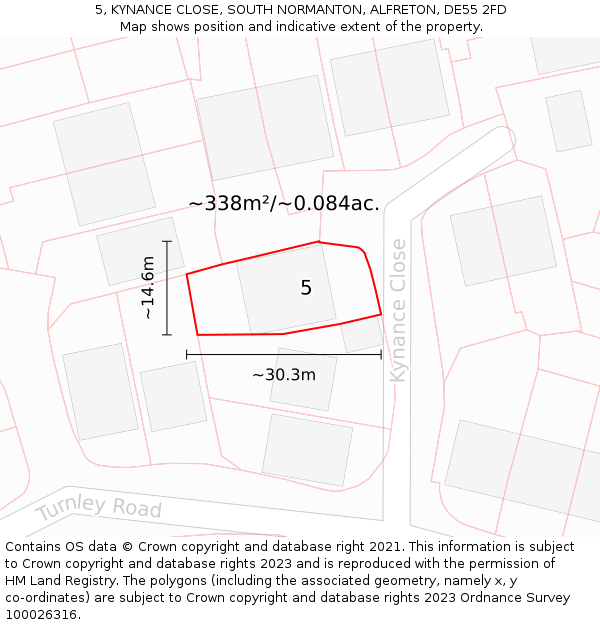 5, KYNANCE CLOSE, SOUTH NORMANTON, ALFRETON, DE55 2FD: Plot and title map