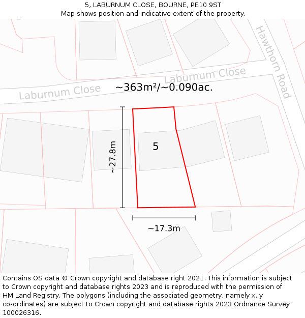 5, LABURNUM CLOSE, BOURNE, PE10 9ST: Plot and title map