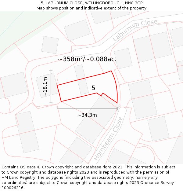 5, LABURNUM CLOSE, WELLINGBOROUGH, NN8 3GP: Plot and title map