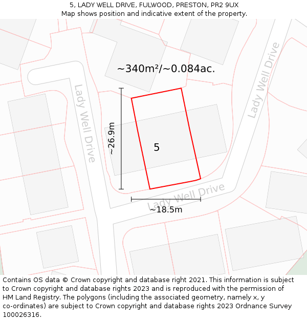 5, LADY WELL DRIVE, FULWOOD, PRESTON, PR2 9UX: Plot and title map