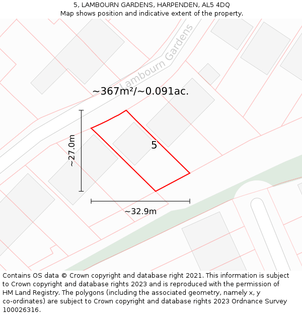 5, LAMBOURN GARDENS, HARPENDEN, AL5 4DQ: Plot and title map