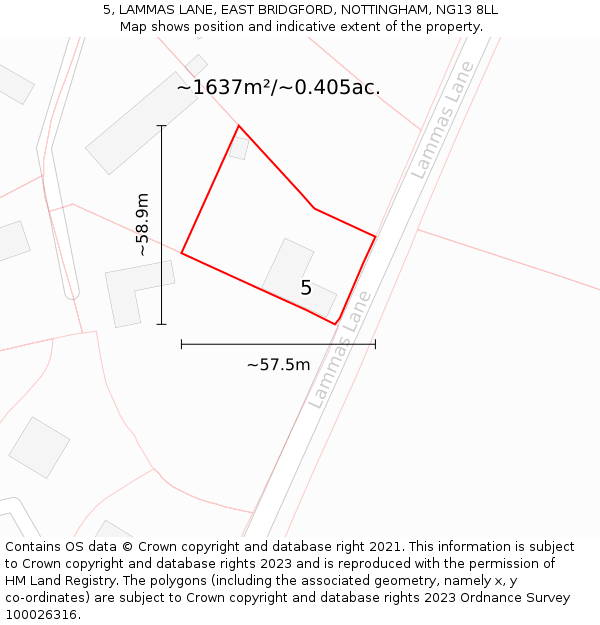 5, LAMMAS LANE, EAST BRIDGFORD, NOTTINGHAM, NG13 8LL: Plot and title map