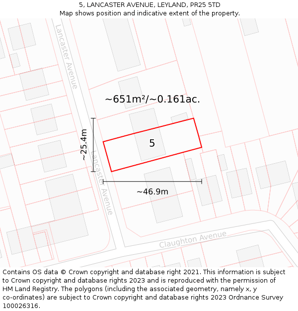 5, LANCASTER AVENUE, LEYLAND, PR25 5TD: Plot and title map