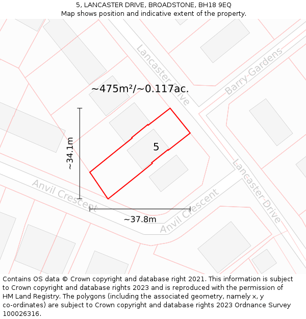 5, LANCASTER DRIVE, BROADSTONE, BH18 9EQ: Plot and title map