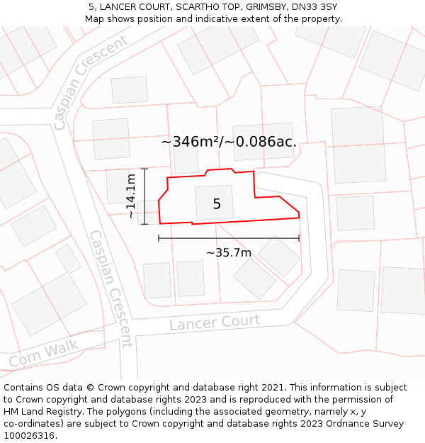 5, LANCER COURT, SCARTHO TOP, GRIMSBY, DN33 3SY: Plot and title map