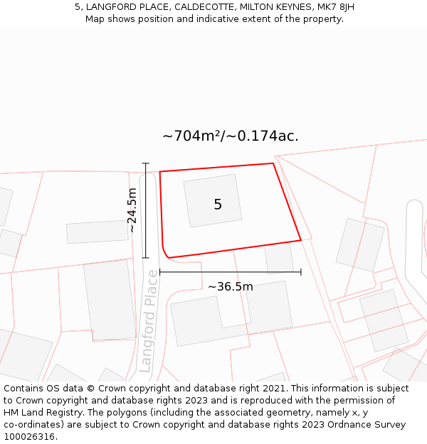 5, LANGFORD PLACE, CALDECOTTE, MILTON KEYNES, MK7 8JH: Plot and title map