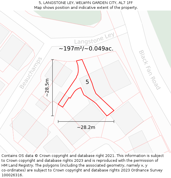 5, LANGSTONE LEY, WELWYN GARDEN CITY, AL7 1FF: Plot and title map
