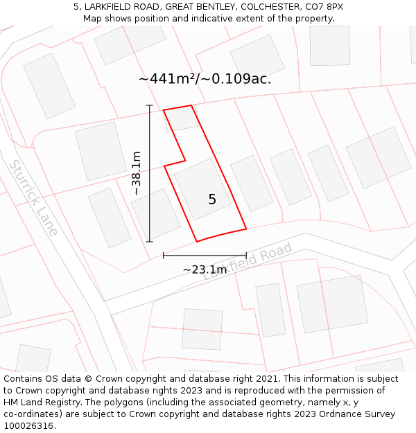 5, LARKFIELD ROAD, GREAT BENTLEY, COLCHESTER, CO7 8PX: Plot and title map