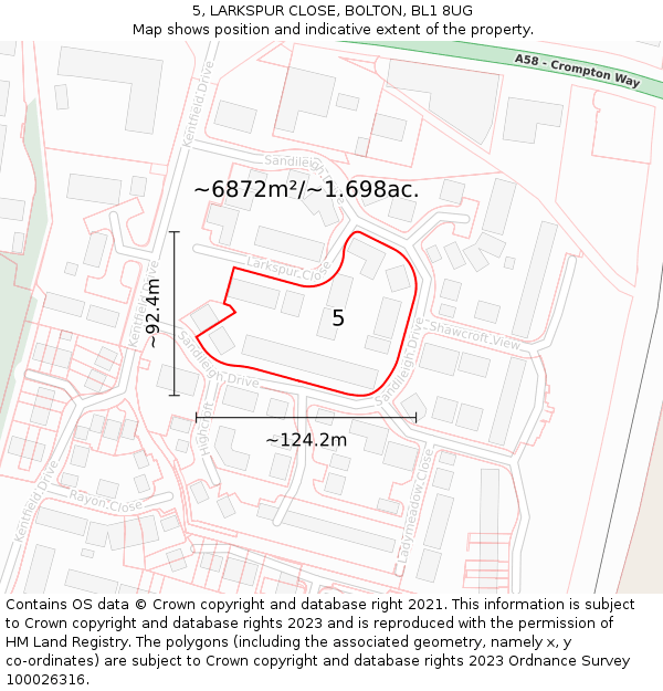 5, LARKSPUR CLOSE, BOLTON, BL1 8UG: Plot and title map