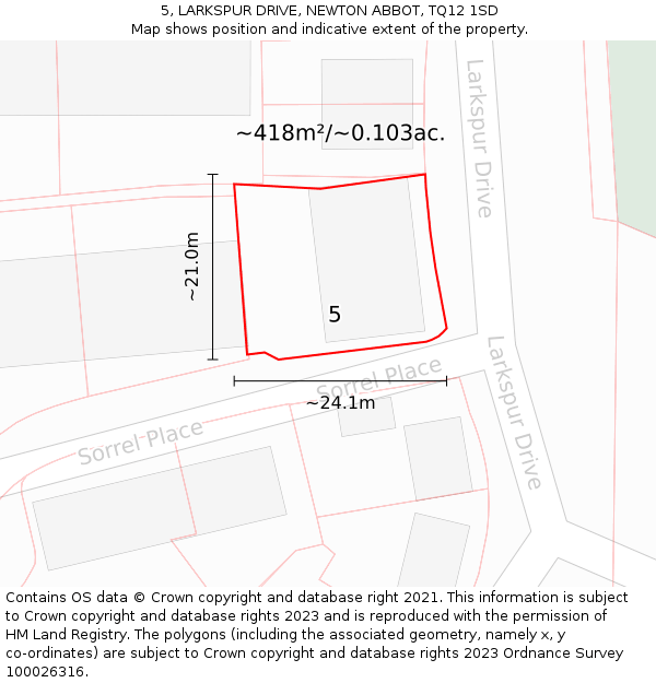 5, LARKSPUR DRIVE, NEWTON ABBOT, TQ12 1SD: Plot and title map