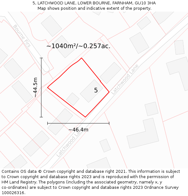 5, LATCHWOOD LANE, LOWER BOURNE, FARNHAM, GU10 3HA: Plot and title map