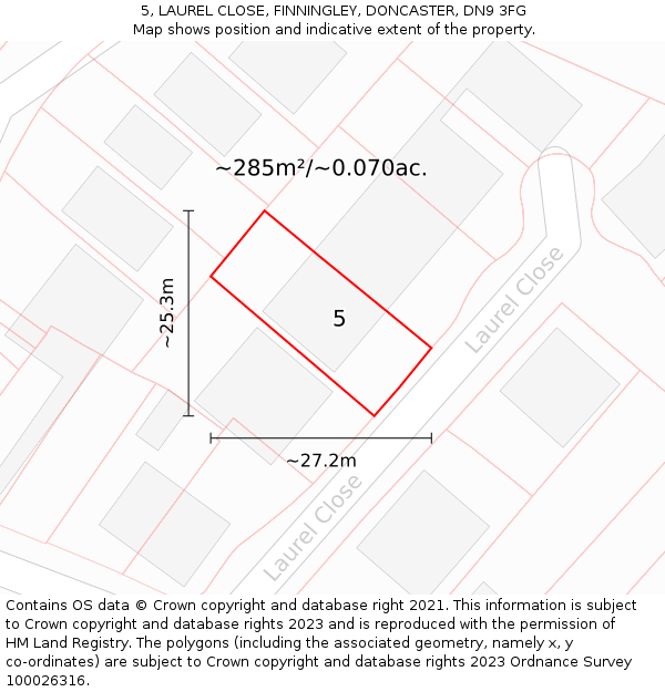 5, LAUREL CLOSE, FINNINGLEY, DONCASTER, DN9 3FG: Plot and title map