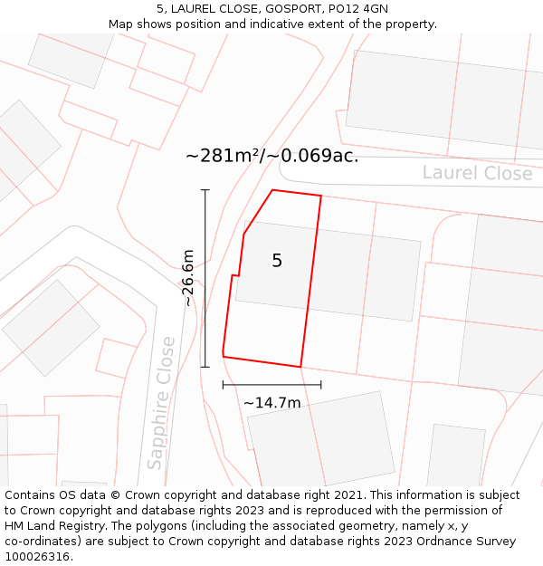 5, LAUREL CLOSE, GOSPORT, PO12 4GN: Plot and title map