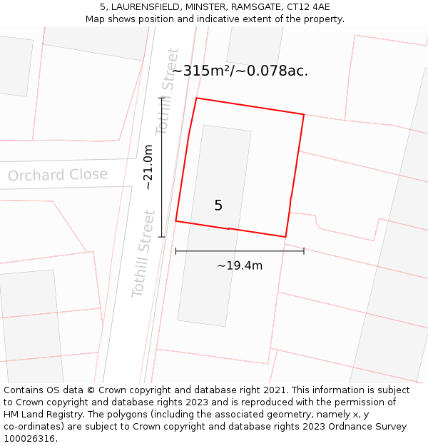 5, LAURENSFIELD, MINSTER, RAMSGATE, CT12 4AE: Plot and title map