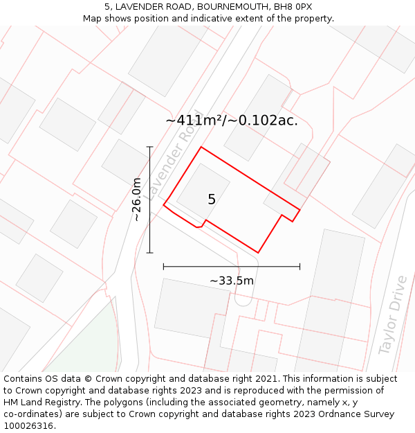 5, LAVENDER ROAD, BOURNEMOUTH, BH8 0PX: Plot and title map