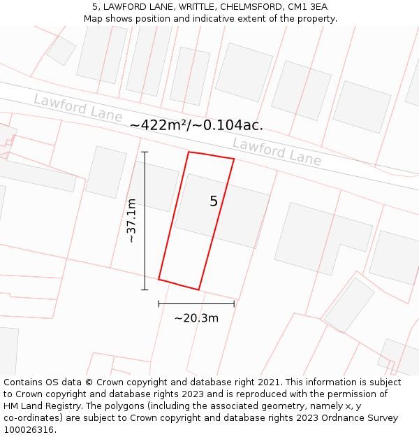 5, LAWFORD LANE, WRITTLE, CHELMSFORD, CM1 3EA: Plot and title map