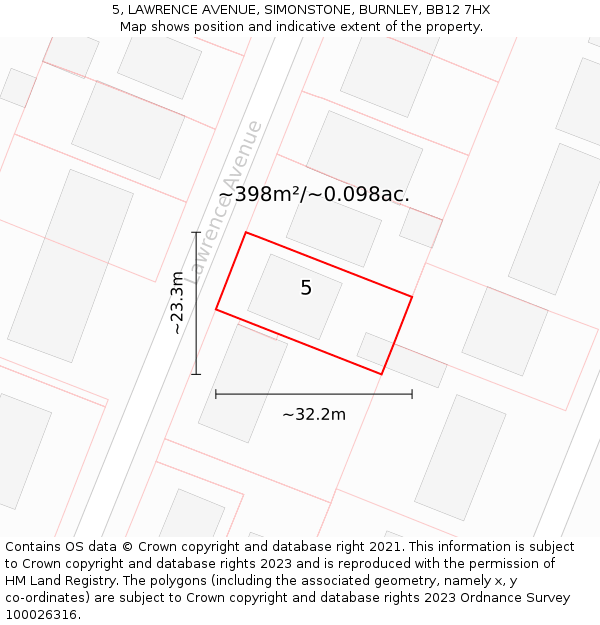 5, LAWRENCE AVENUE, SIMONSTONE, BURNLEY, BB12 7HX: Plot and title map