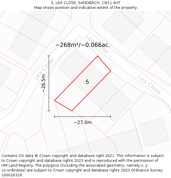 5, LEA CLOSE, SANDBACH, CW11 4HT: Plot and title map