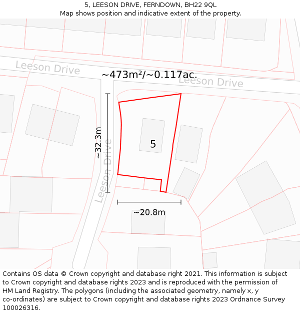 5, LEESON DRIVE, FERNDOWN, BH22 9QL: Plot and title map