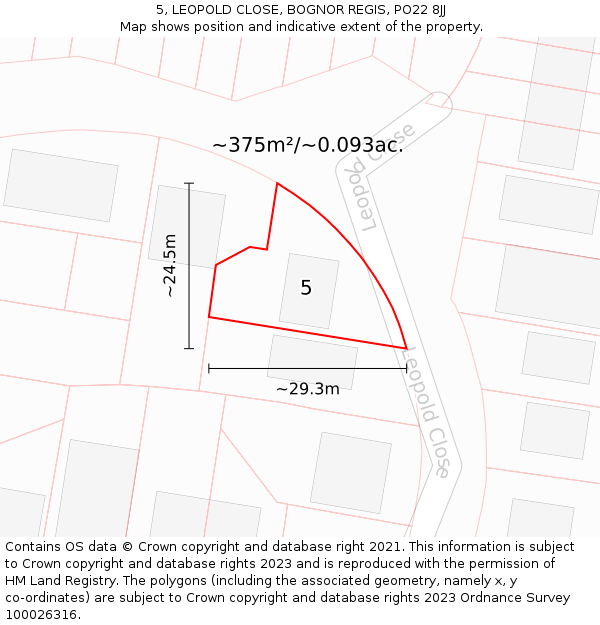 5, LEOPOLD CLOSE, BOGNOR REGIS, PO22 8JJ: Plot and title map