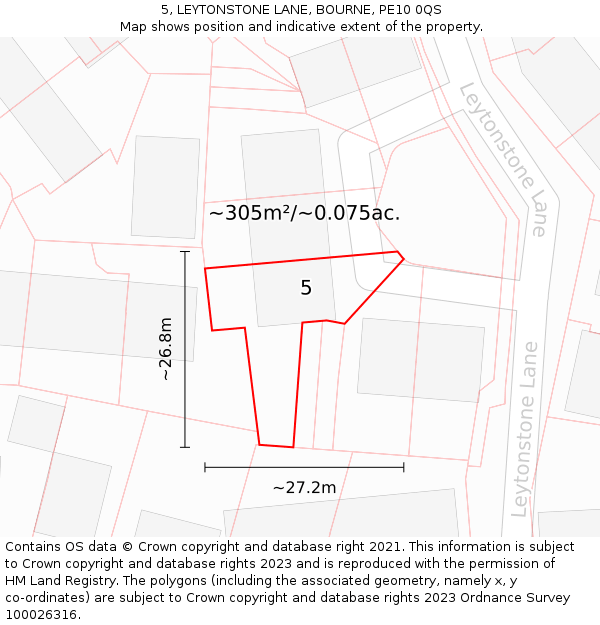 5, LEYTONSTONE LANE, BOURNE, PE10 0QS: Plot and title map