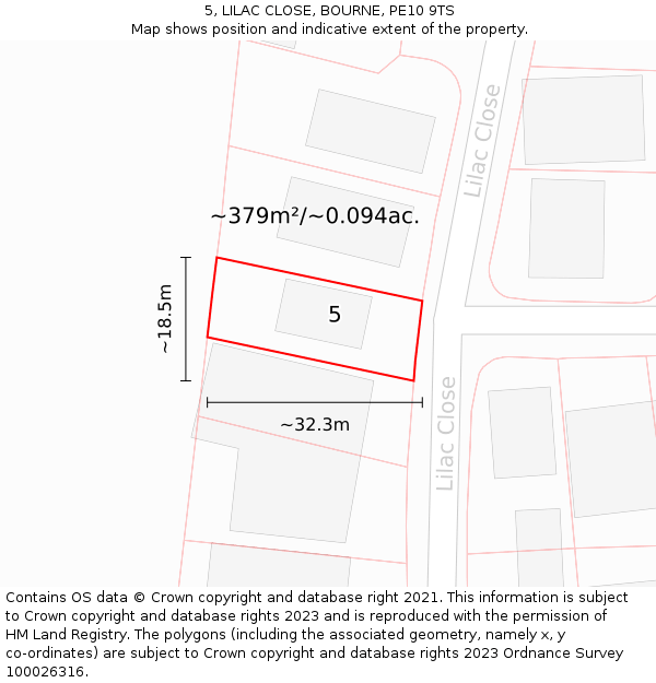 5, LILAC CLOSE, BOURNE, PE10 9TS: Plot and title map