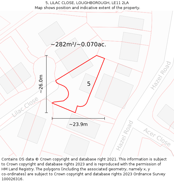 5, LILAC CLOSE, LOUGHBOROUGH, LE11 2LA: Plot and title map