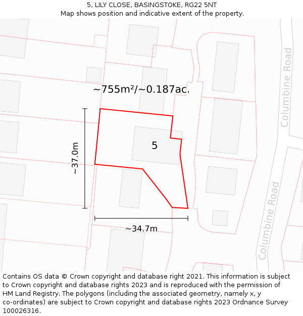 5, LILY CLOSE, BASINGSTOKE, RG22 5NT: Plot and title map