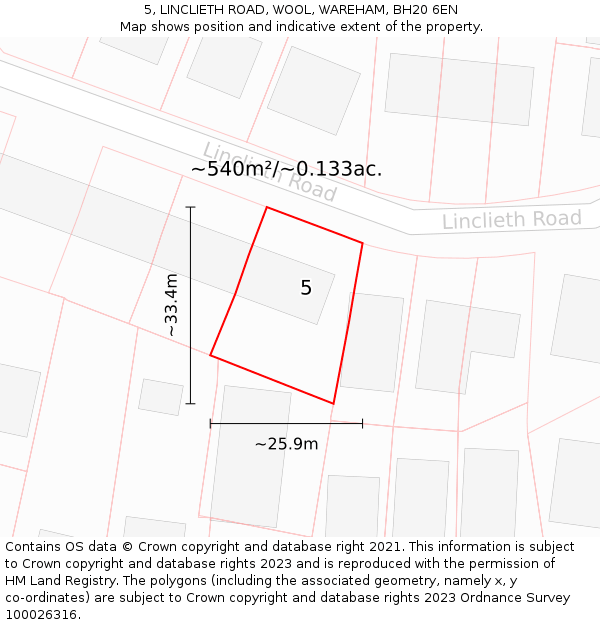 5, LINCLIETH ROAD, WOOL, WAREHAM, BH20 6EN: Plot and title map