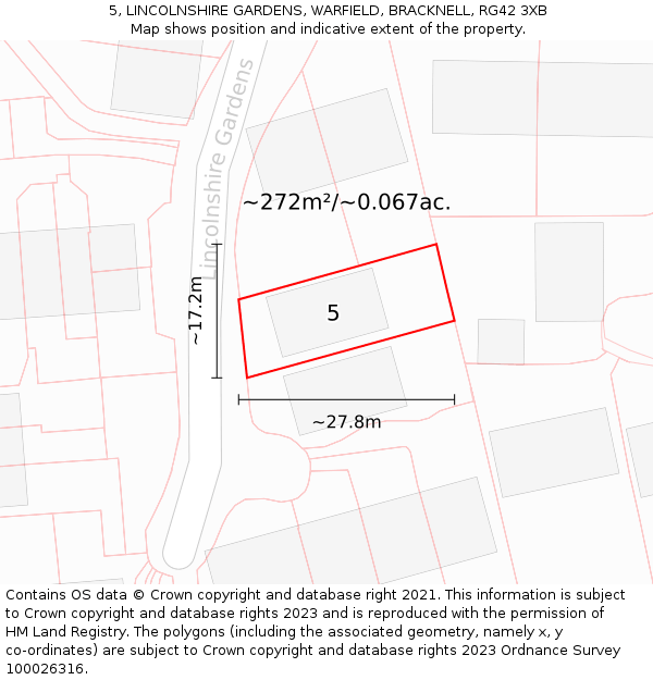 5, LINCOLNSHIRE GARDENS, WARFIELD, BRACKNELL, RG42 3XB: Plot and title map