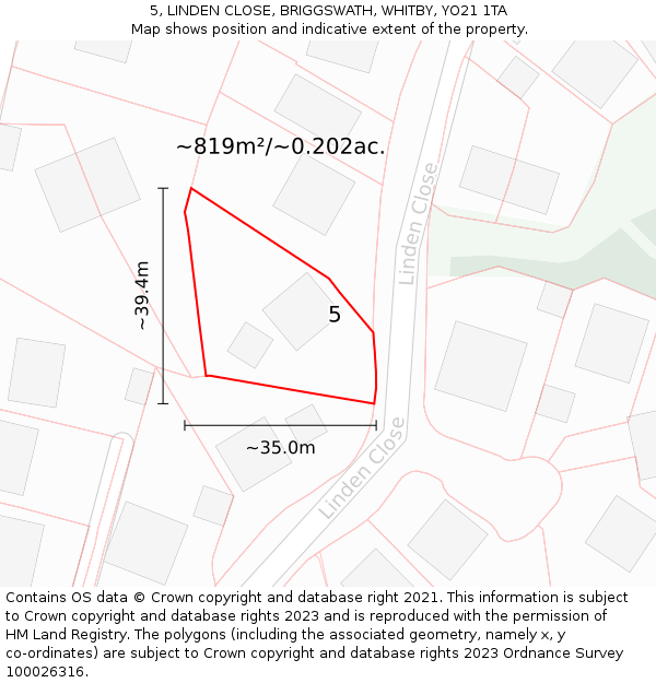 5, LINDEN CLOSE, BRIGGSWATH, WHITBY, YO21 1TA: Plot and title map