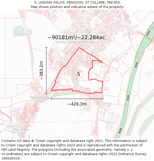 5, LINDSAY FIELDS, FRADDON, ST COLUMB, TR9 6FD: Plot and title map