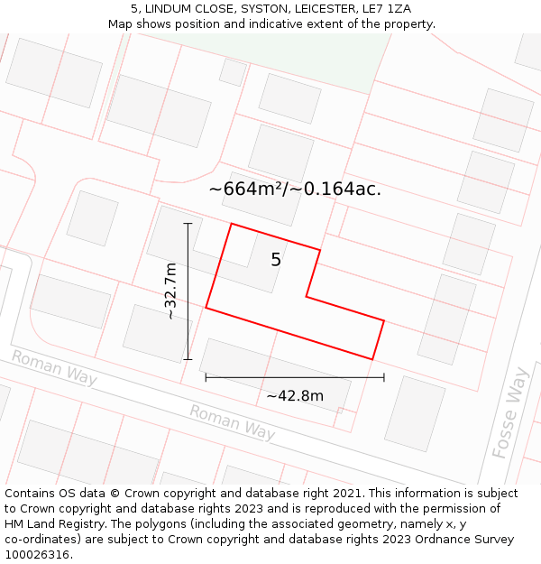 5, LINDUM CLOSE, SYSTON, LEICESTER, LE7 1ZA: Plot and title map