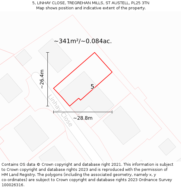 5, LINHAY CLOSE, TREGREHAN MILLS, ST AUSTELL, PL25 3TN: Plot and title map