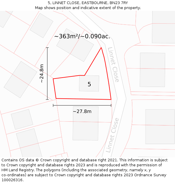 5, LINNET CLOSE, EASTBOURNE, BN23 7RY: Plot and title map