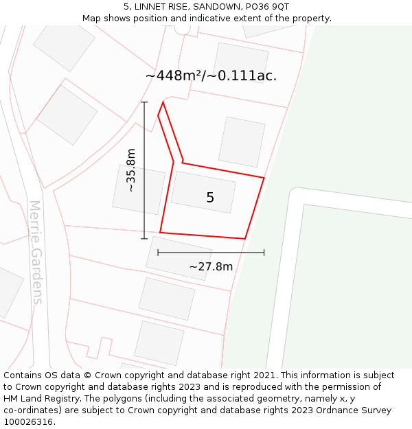 5, LINNET RISE, SANDOWN, PO36 9QT: Plot and title map