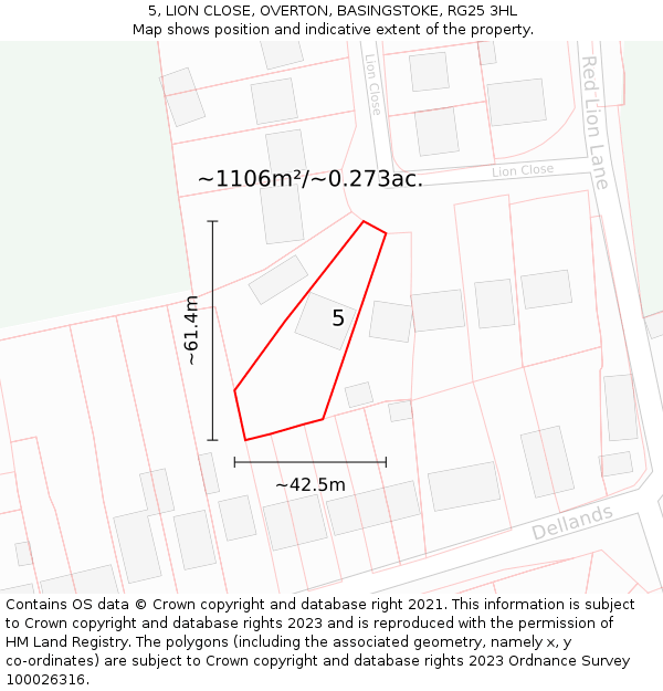 5, LION CLOSE, OVERTON, BASINGSTOKE, RG25 3HL: Plot and title map