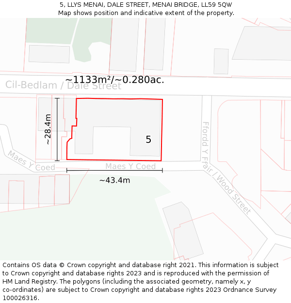 5, LLYS MENAI, DALE STREET, MENAI BRIDGE, LL59 5QW: Plot and title map