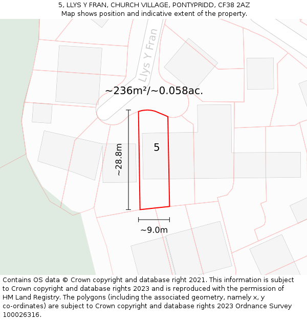 5, LLYS Y FRAN, CHURCH VILLAGE, PONTYPRIDD, CF38 2AZ: Plot and title map