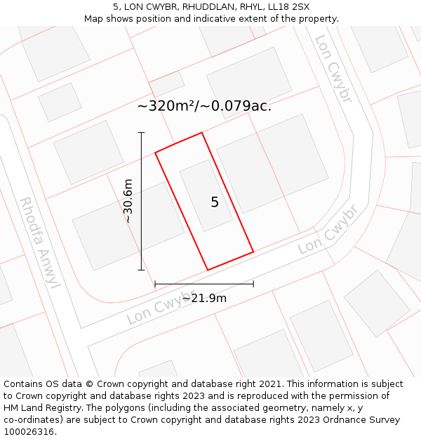 5, LON CWYBR, RHUDDLAN, RHYL, LL18 2SX: Plot and title map